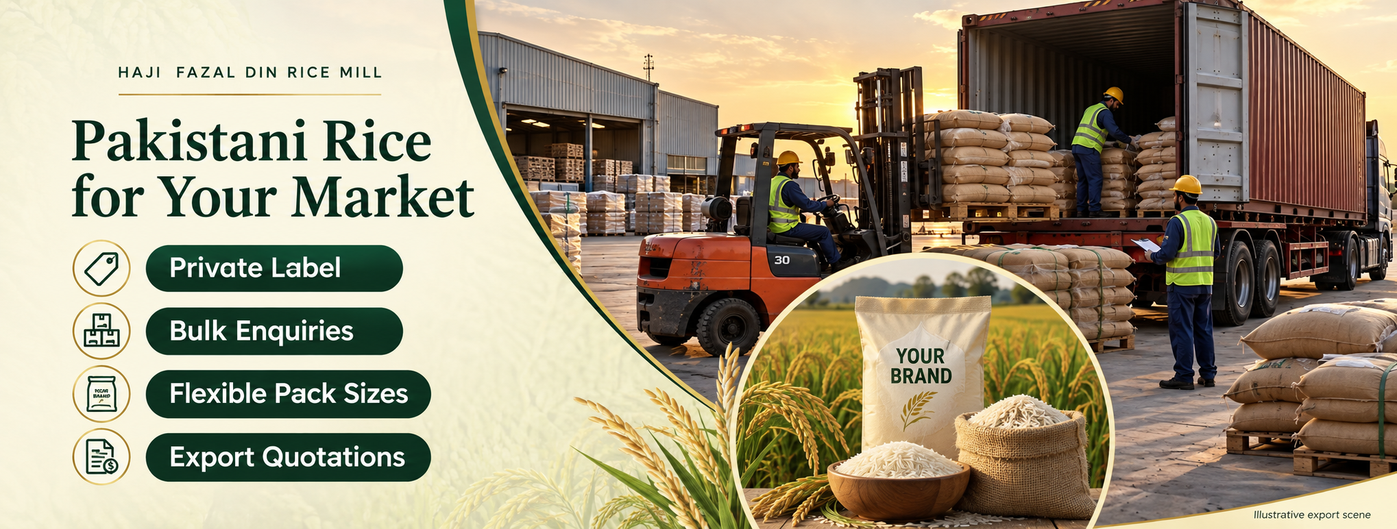 Illustrative rice export loading scene and private-label packaging