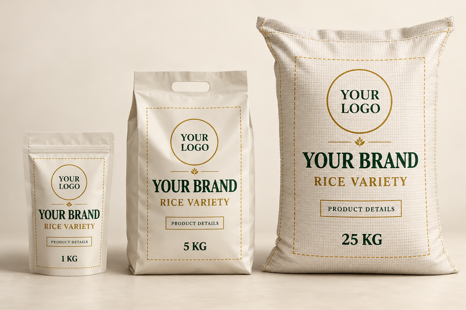 Blank 1 kg, 5 kg and 25 kg rice packaging concepts marked with Your Logo, Your Brand, Rice Variety and Product Details